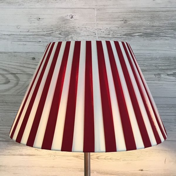 Knife Pleated Empire Lampshade in Cream and Burgundy stripes. Switched On