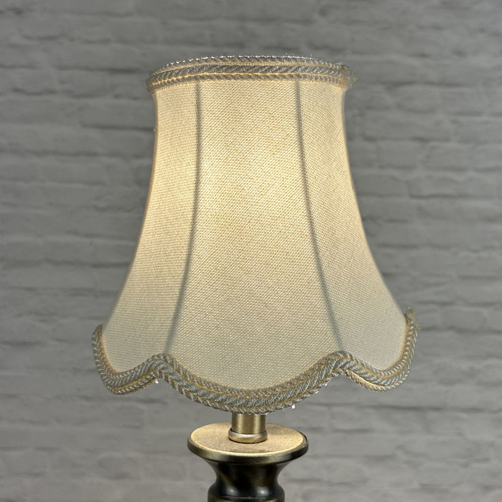 : Cream scalloped chandelier shade in brushed cotton lit showing warm tone and rope trim