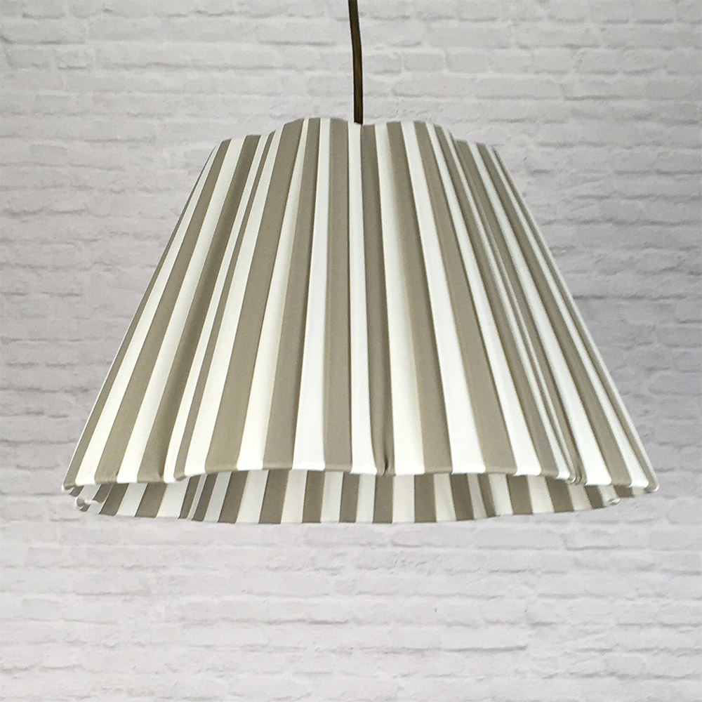 Cream and Taupe striped daisy pleated lampshade used as a ceiling pendant