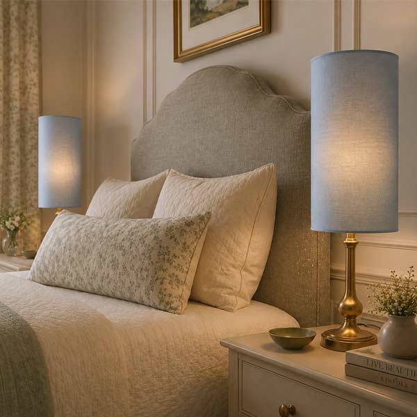 Cylinder Lampshades for Bedroom Lighting Tall cylinder lampshades used as bedside lighting in an elegant neutral bedroom.