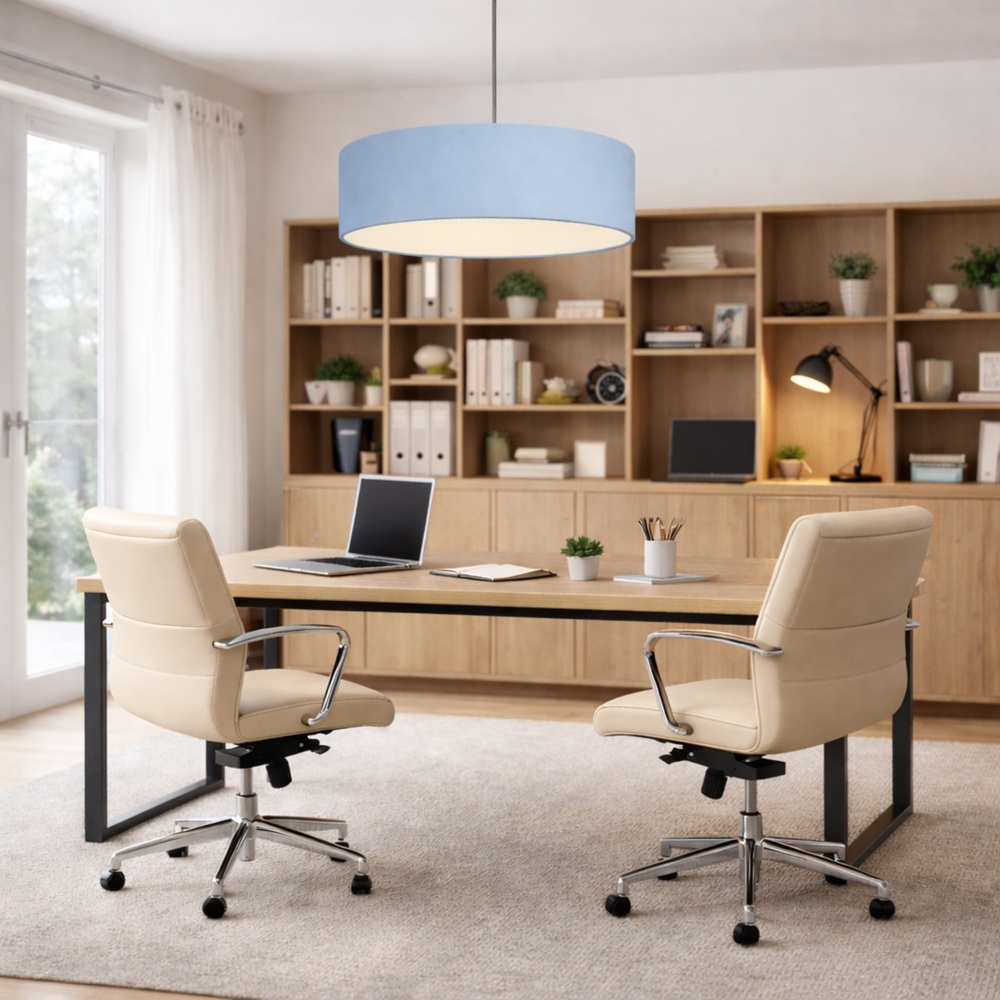extra large blue drum pendant lampshade hanging above a modern office desk with shelving
