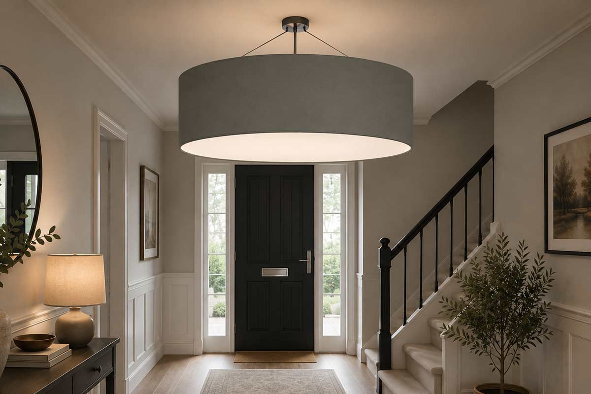 Extra large grey drum pendant lampshade with white diffuser