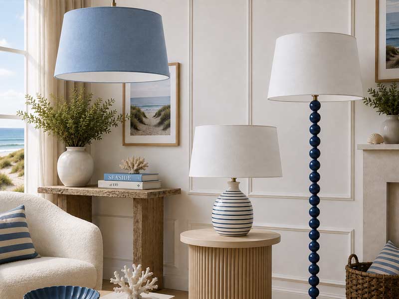 Handmade French Drum Lampshades Handmade French drum lampshades used as a pendant, table lamp and floor lamp in a bright modern living room.
