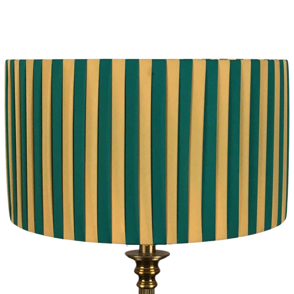 Gold and green drum pleated lampshade handmade in Devon