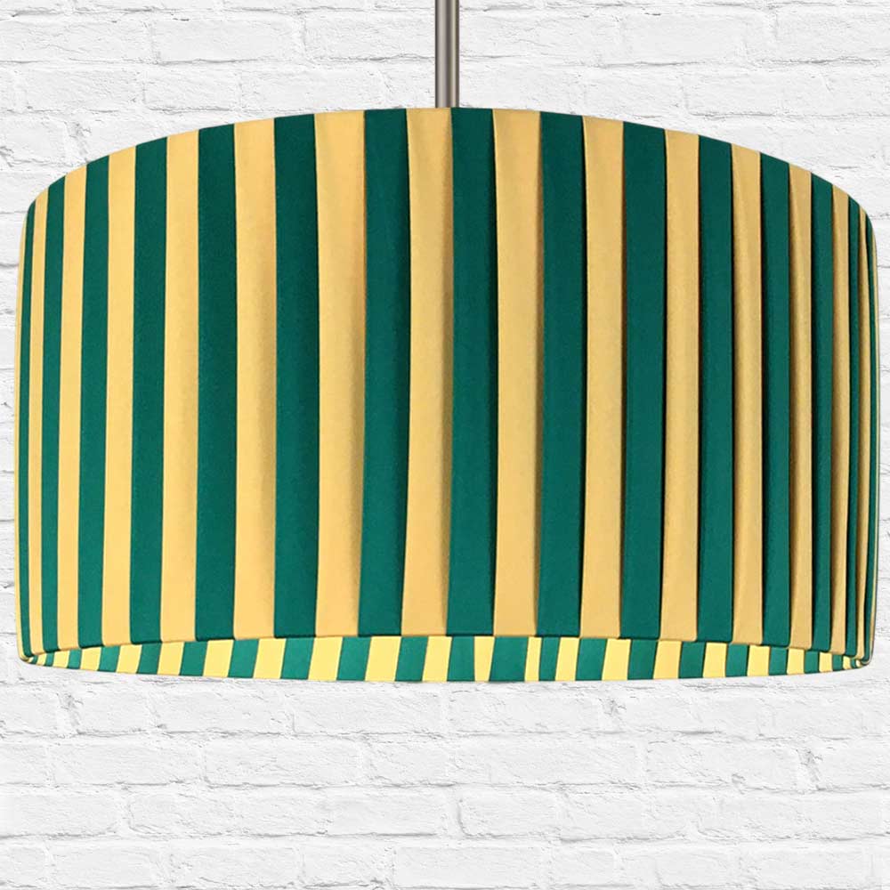 Gold and green pleated pendant lampshade handmade in Devon