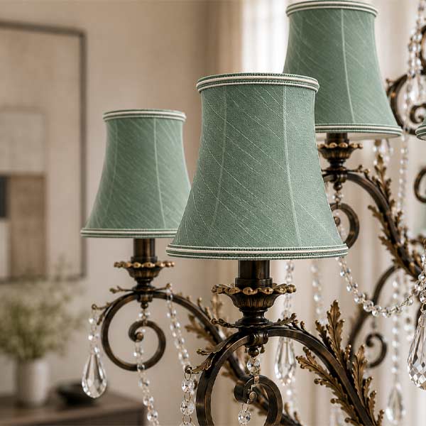 Sage Green Candle Lampshades on a Chandelier Three sage green candle lampshades on an ornate brass chandelier with crystal drops