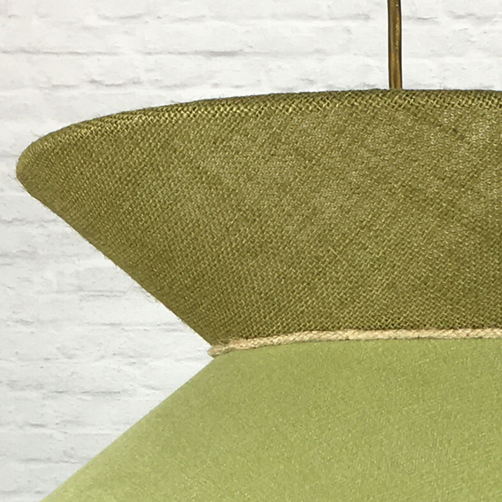 Close-up of the olive green hessian crown on the Pear & Olive designer hessian lampshade.