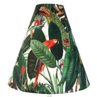 Natural tropical cone lampshade with green foliage and exotic bird print