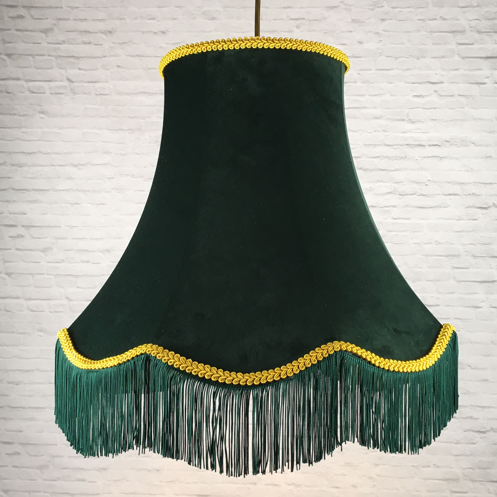 Dark green velvet scalloped bowed empire pendant lampshade with yellow trim, green fringe and gold lining