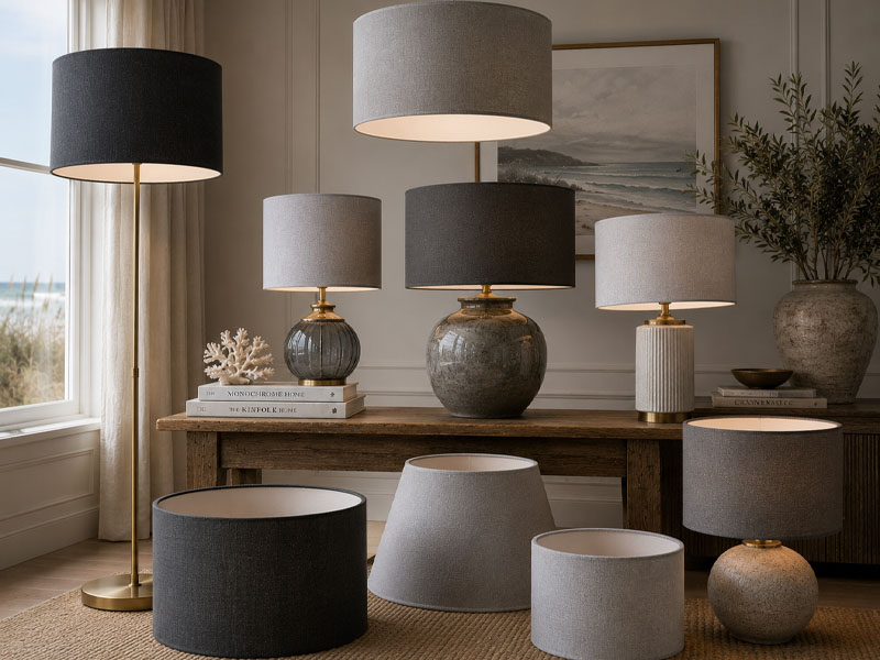 Handmade grey Drum lampshades displayed as pendant, table and floor lamps in a contemporary living room.