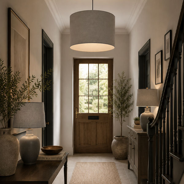 Handmade grey drum lampshades displayed in a contemporary hallway as pendant, table and floor lamps.