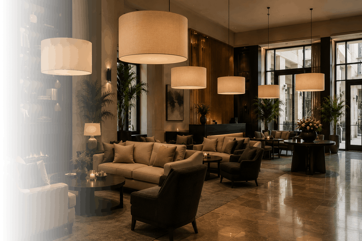 Lampshades in a Trade Interior Cream drum pendant lampshades lighting a lounge seating area in a trade project