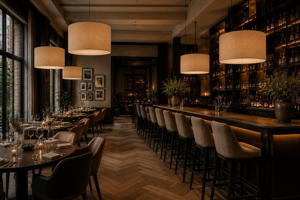 Cream drum pendant lampshades lighting a lounge seating area in a trade project