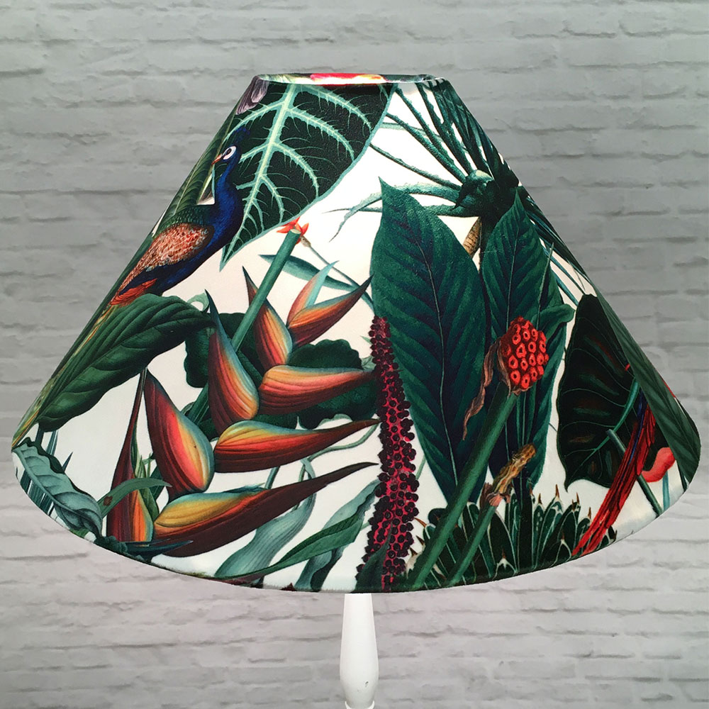 Green tropical jungle Coolie lampshade with peacock pattern