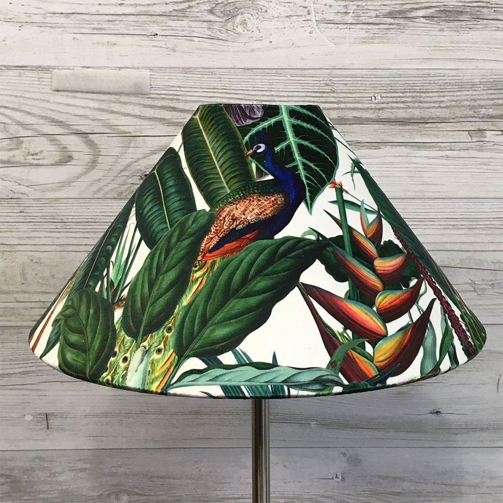 Green botanical Coolie lampshade with tropical foliage and birds