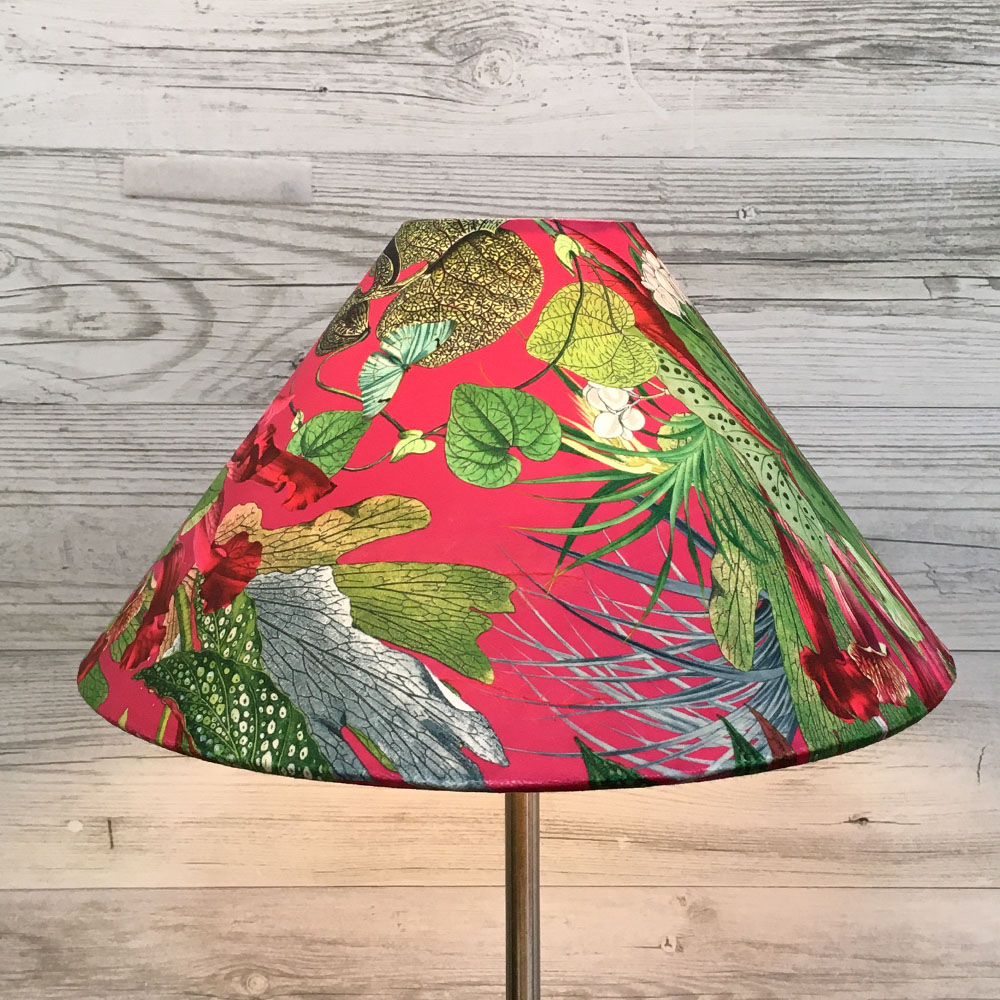 Pink floral Coolie lampshade with green botanical pattern