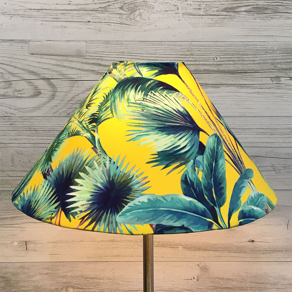 Interior view of the Yellow Tropical Palm Coolie Lampshade showing the clean white PVC lining and lamp fitting.