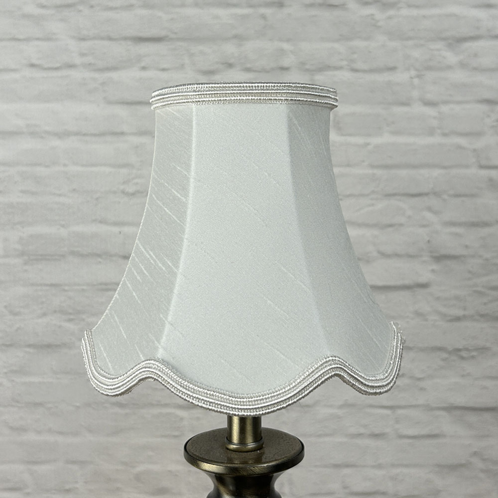 Natural faux silk scalloped chandelier shade with matching soutache trim unlit