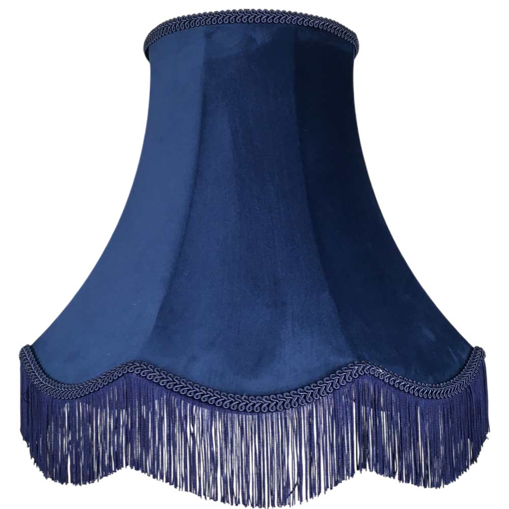 Illuminated navy velvet scalloped bowed empire lampshade with navy feather trim, navy fringe and gold lining
