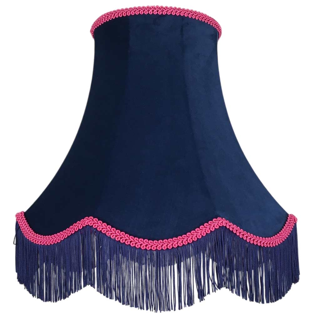 Illuminated navy velvet scalloped bowed empire lampshade with hot pink feather trim and fringe