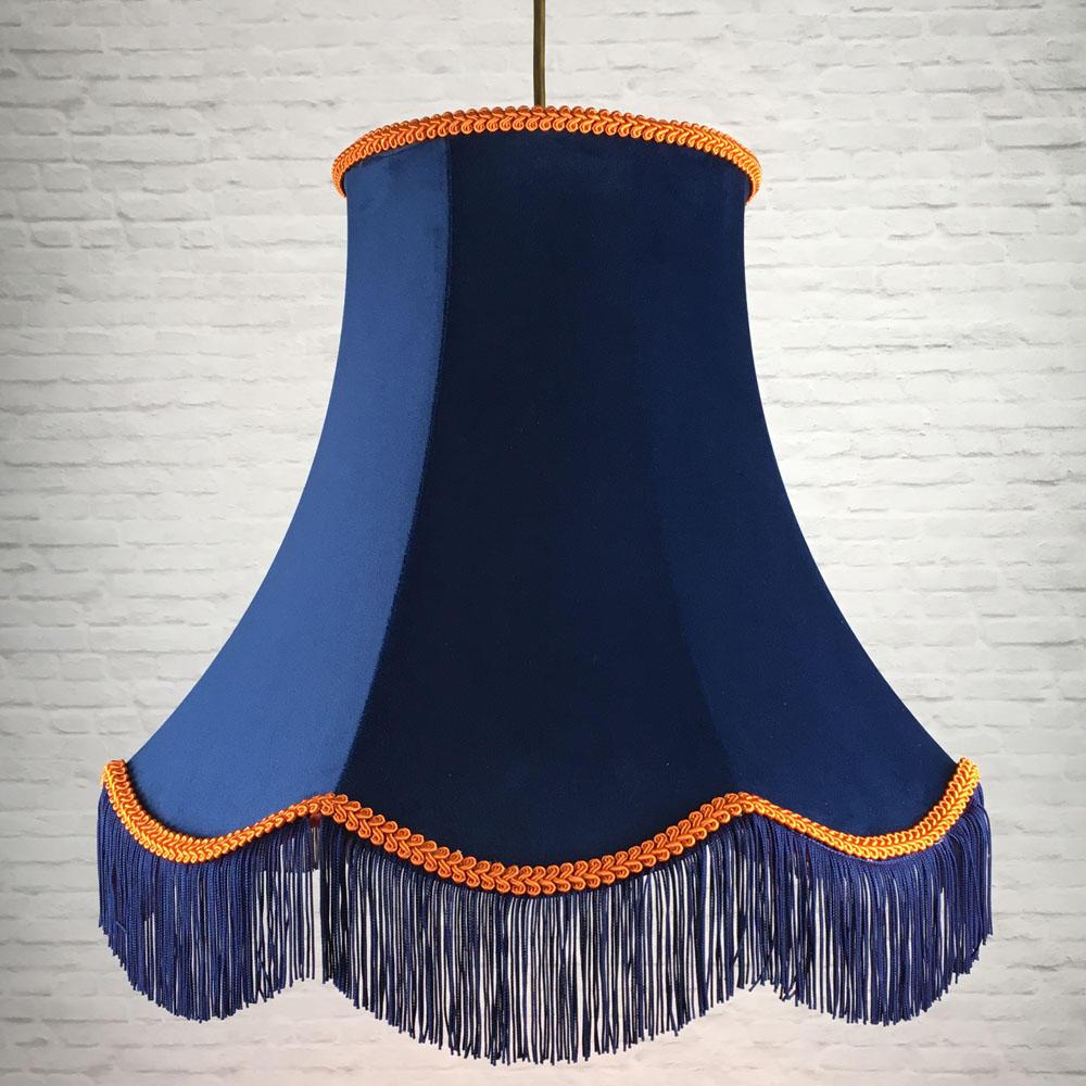 Navy velvet scalloped bowed empire pendant lampshade with orange trim, navy fringe and orange lining