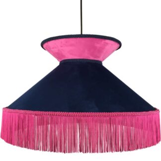 Pavilion Fringe Shade – Midnight & Cerise velvet fringe lampshade handcrafted in midnight blue velvet with cerise fringe.