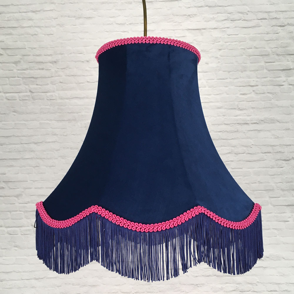 Navy velvet scalloped bowed empire pendant lampshade with hot pink feather trim and navy fringe