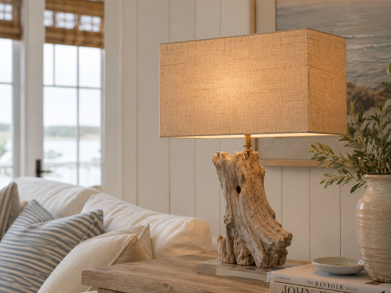 Handmade Coastal Rectangular Lampshades Handmade coastal rectangular lampshade on a driftwood table lamp in a coastal-style living room.