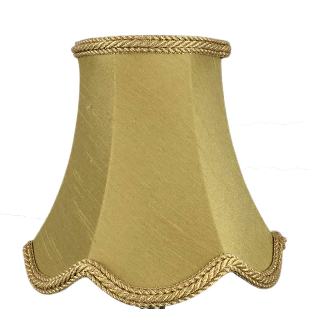 Scalloped faux silk lampshade in old gold with matching rope trim