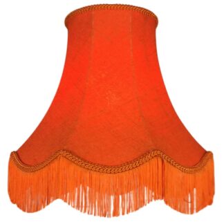 Illuminated orange hessian scalloped bowed empire lampshade with orange plait trim and fringe