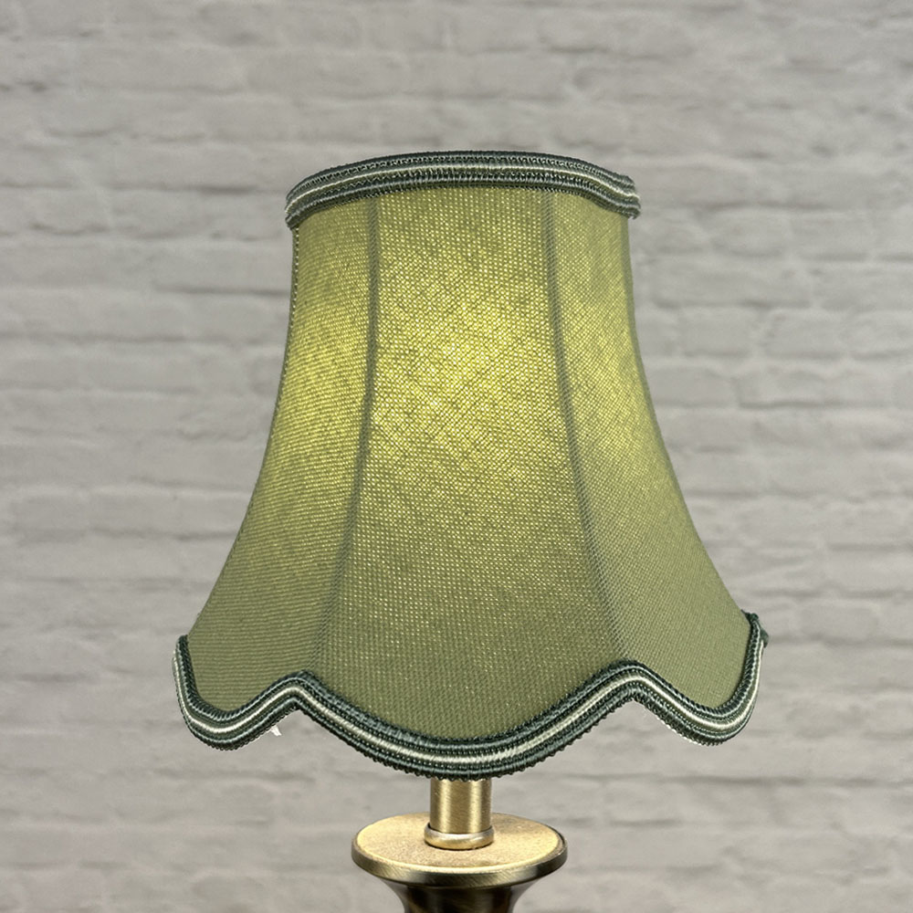 Pear scalloped chandelier shade in brushed cotton lit showing soft tone and green and oyster soutache trim