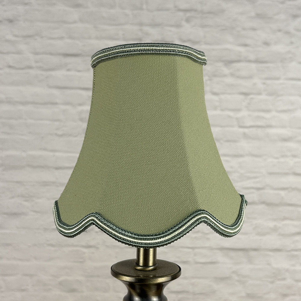 Pear brushed cotton scalloped chandelier shade with green and oyster soutache trim unlit
