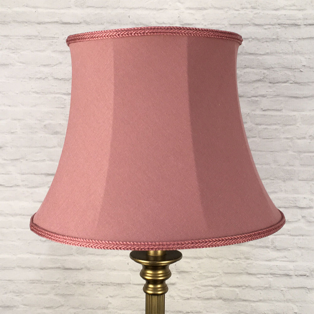 Bon Bon pink brushed cotton bowed drum lampshade on antique brass standing lamp