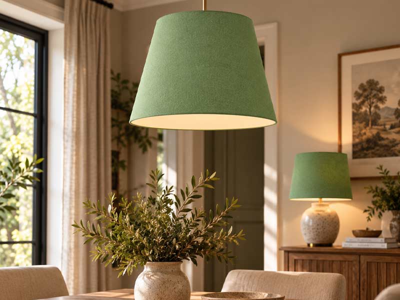 Green Retro Drum Lampshade – Pendant and Table Lamp Green retro drum lampshade used as a pendant with matching table lamp