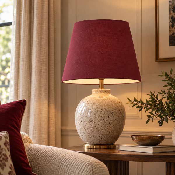 retro-drum-table-lamp-in-claret-cotton Claret red retro drum lampshade on a table lamp