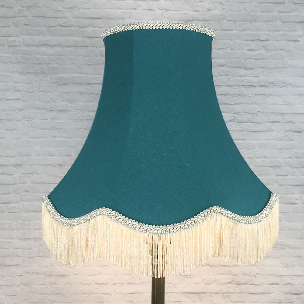 Teal brushed cotton scalloped bowed empire lampshade with dark cream feather trim on floor lamp
