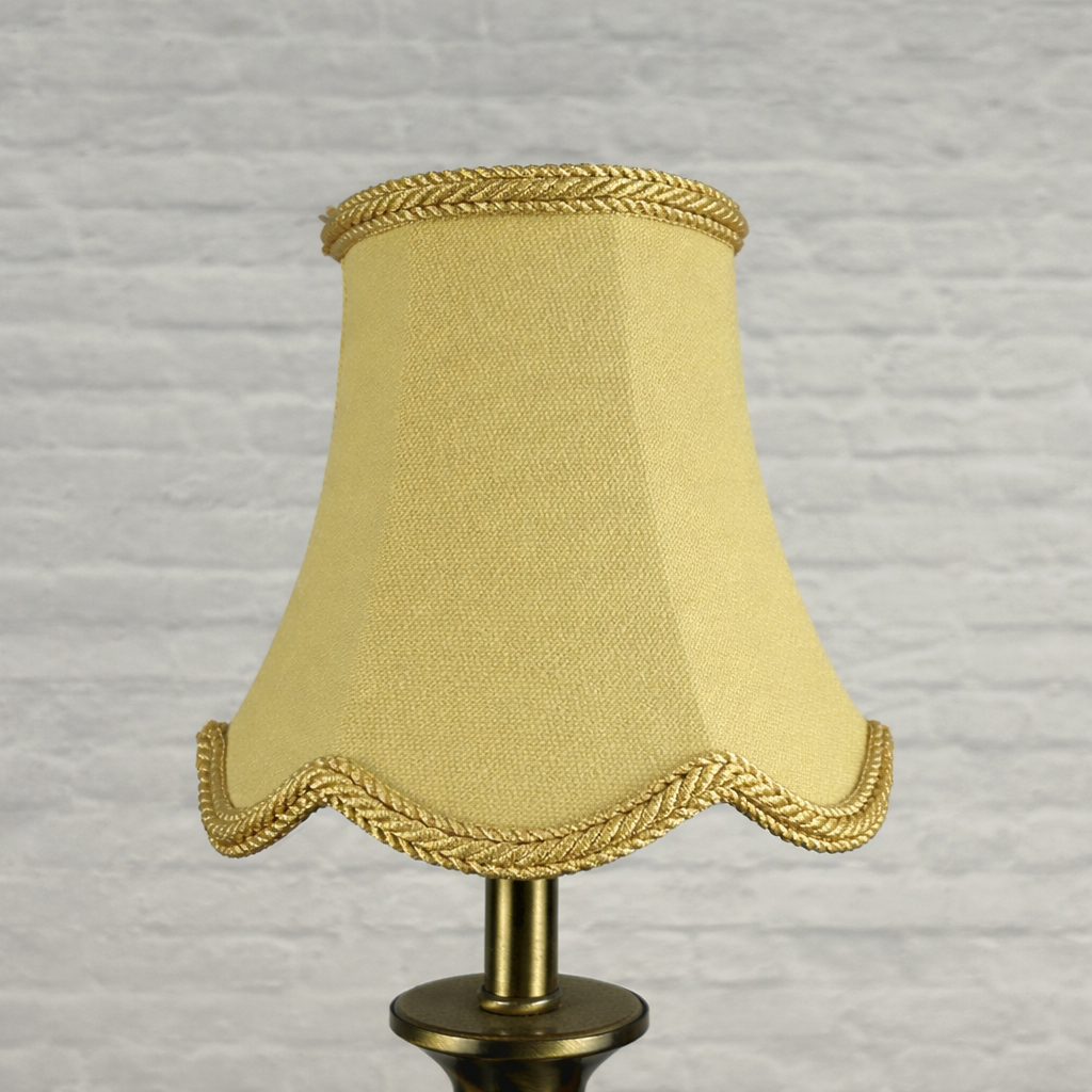 Soft gold brushed cotton scalloped chandelier shade with rope trim unlit
