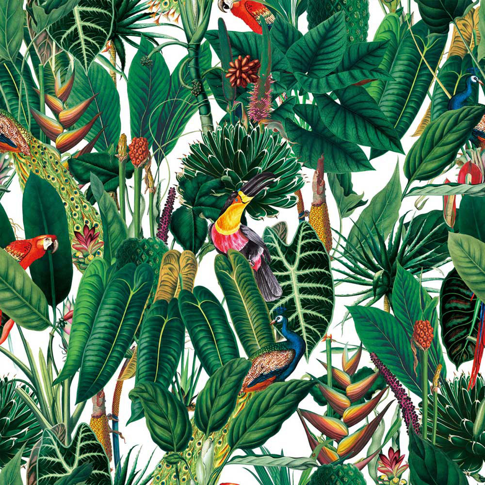 Sumatra Natural green tropical jungle velvet fabric with exotic birds