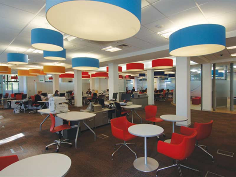 Handmade Wholesale Drum Lampshades | Imperial Lighting Handmade extra large drum lampshades installed in a contemporary office space for a wholesale lampshade project.
