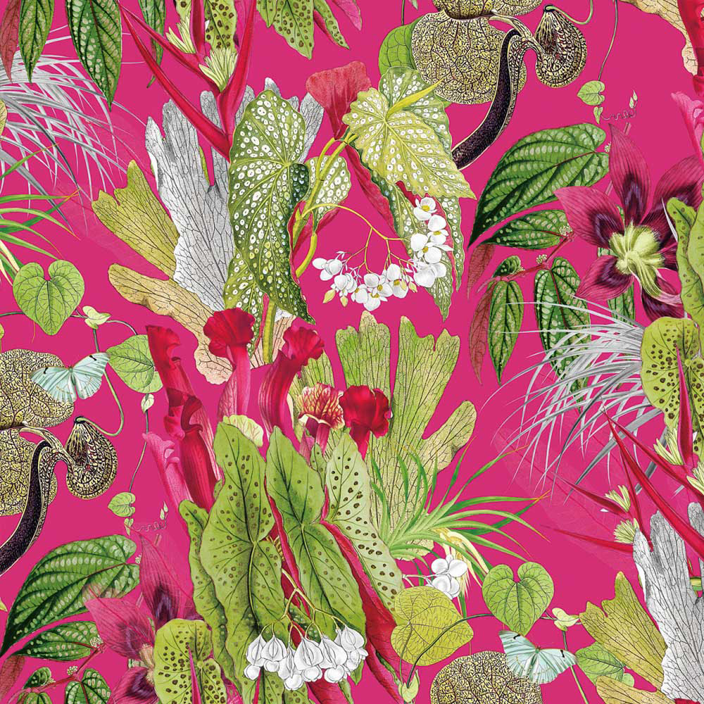 Tasmania Cerise pink botanical velvet fabric with flowers and foliage