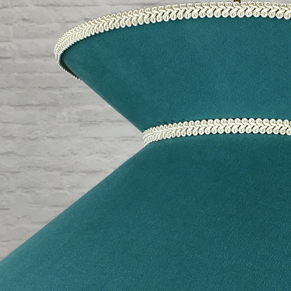 Close-up of the reef brushed cotton crown on the Teal & Oyster fringe lampshade.