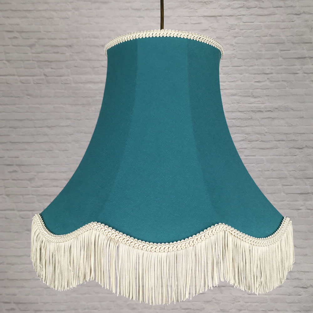Teal brushed cotton scalloped bowed empire pendant lampshade with dark cream feather trim, fringe and cream lining