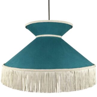 Front view of the Pavilion Fringe Shade – Teal & Oyster fringe lampshade.
