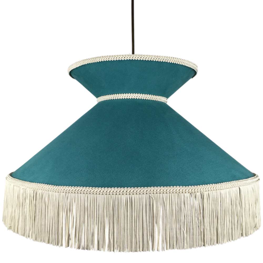 Front view of the Pavilion Fringe Shade – Teal & Oyster fringe lampshade.
