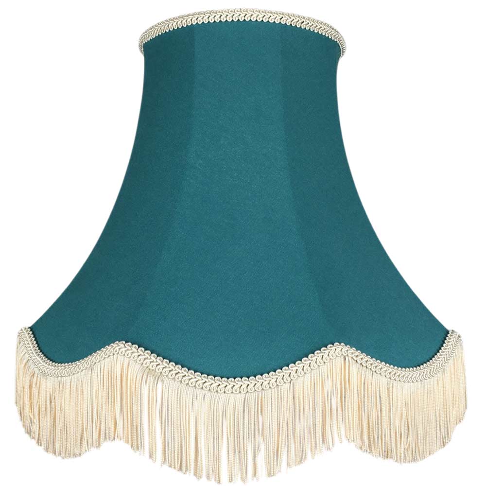 Illuminated teal brushed cotton scalloped bowed empire lampshade with dark cream feather trim, fringe and cream lining