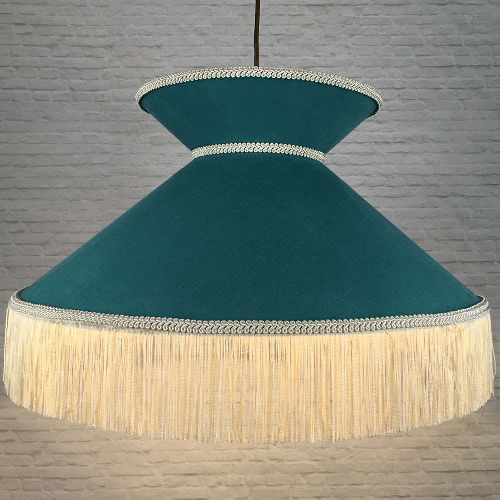 Teal & Oyster Fringe Lampshade Lit