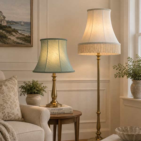 traditional-lampshades-main-text traditional lampshades. A cream bowed empire with a fringe and a green silk bowed empire
