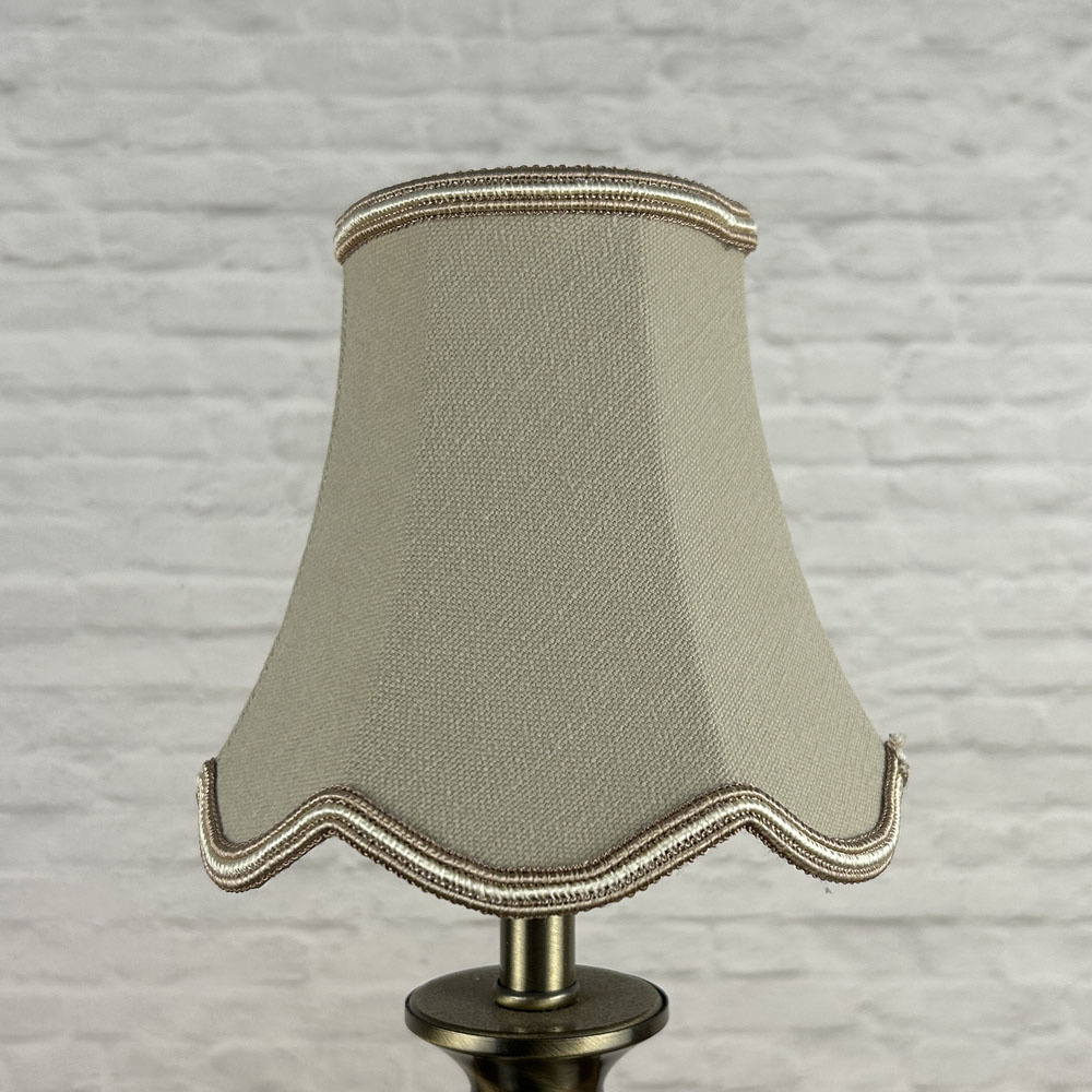 Fawn brushed cotton scalloped chandelier shade with oyster soutache trim unlit