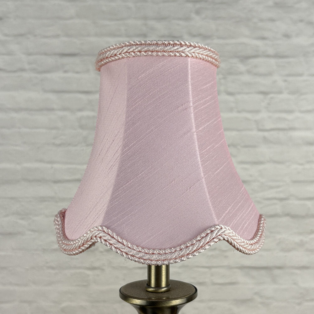 Pale pink faux silk scalloped chandelier shade with rope trim unlit