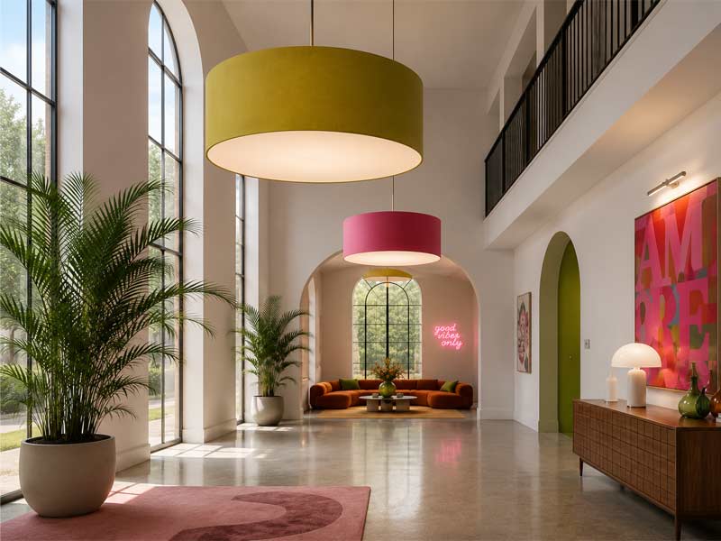 Extra large drum lampshades in pink and green in a modern interior